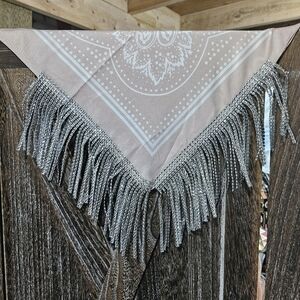 NWT Tan Satin Bandana Wild Rag with Beaded Rhinestone Fringe